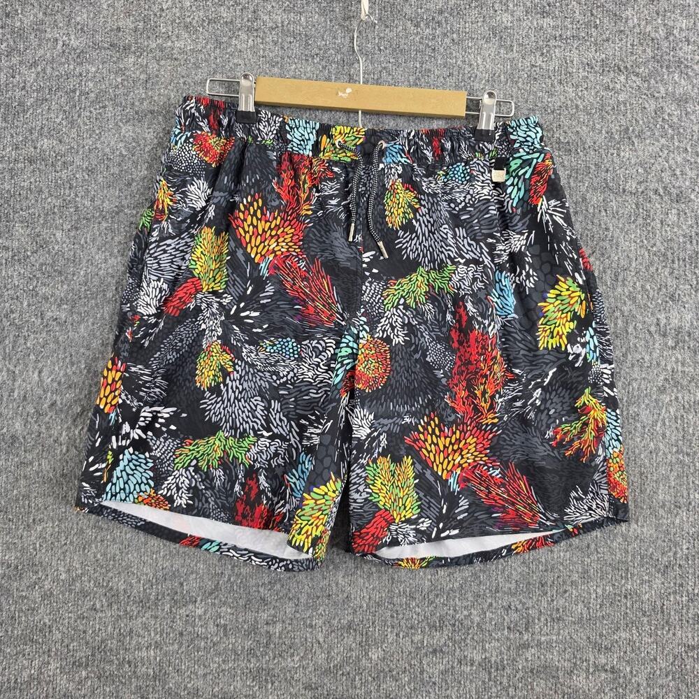 Agua Bendita Swim Trunks Men 36 Short Tropical Floral Multi Lined Beach Pool